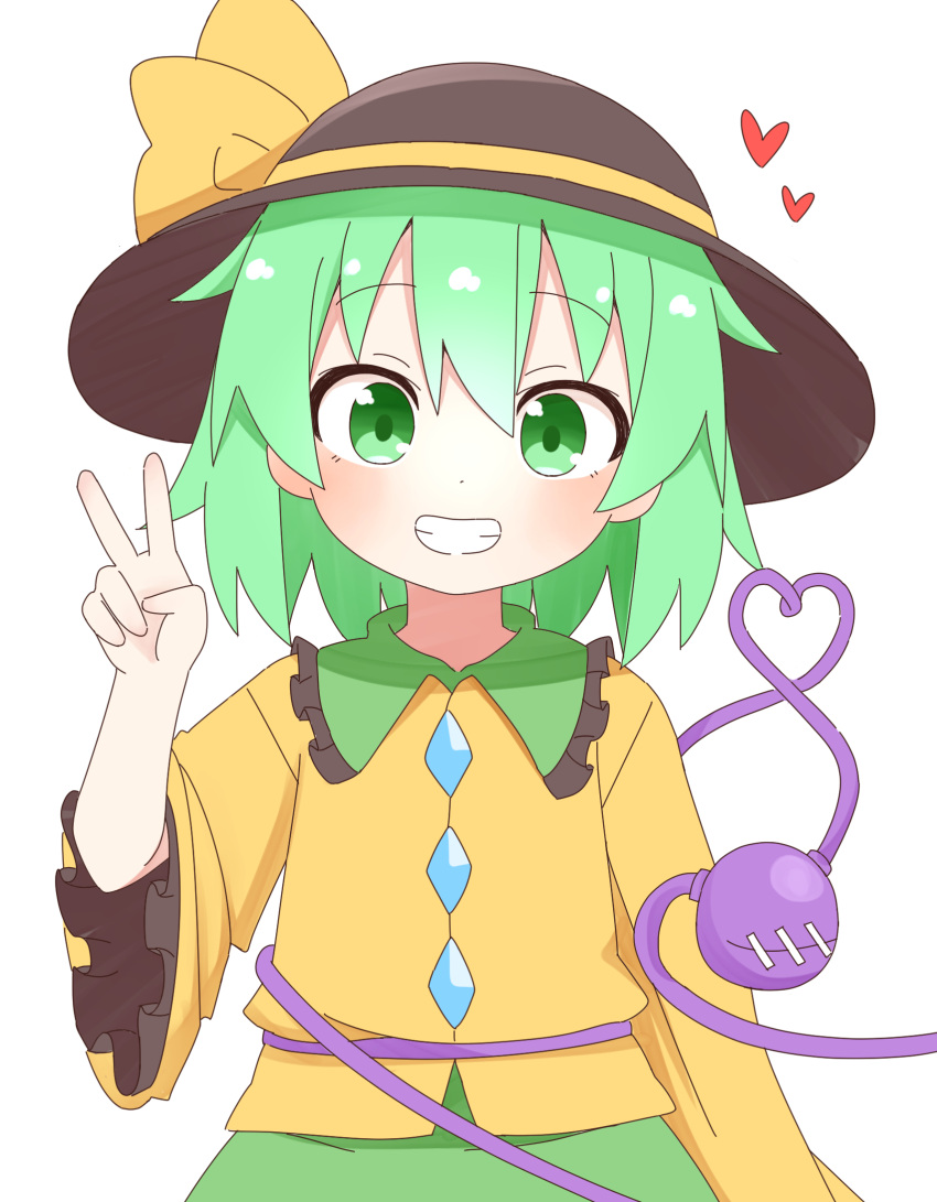 1girl bangs blouse blush brown_headwear buttons closed_mouth collared_blouse commentary_request crystal eyebrows_visible_through_hair frills green_eyes green_hair green_skirt hair_between_eyes hand_up hat hat_ribbon heart highres jewelry komeiji_koishi long_sleeves looking_at_viewer nihohohi ribbon short_hair simple_background skirt smile solo standing teeth third_eye touhou v white_background wide_sleeves yellow_blouse yellow_ribbon