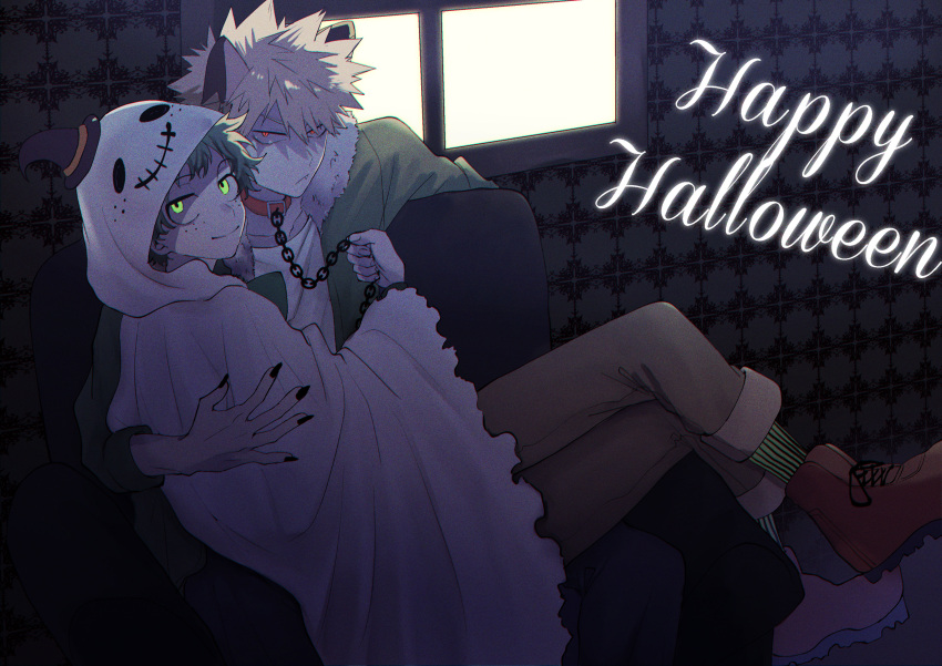 2boys absurdres animal_ears arm_around_back bakugou_katsuki black_nails blonde_hair boku_no_hero_academia chain collar couch freckles fur_collar ghost_costume green_eyes green_hair green_jacket happy_halloween hat highres holding holding_chain jacket looking_at_viewer male_focus midoriya_izuku multiple_boys rapiko red_collar red_eyes red_footwear scowl sitting smile spiky_hair window witch_hat wolf_ears