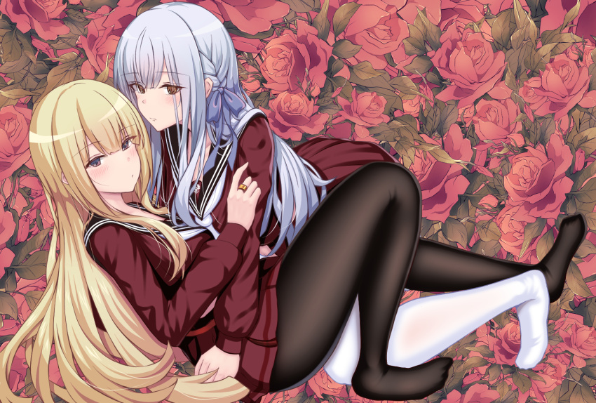 2girls all_fours arm_support assault_lily belt black_sailor_collar blonde_hair blue_ribbon blush braid breasts brown_legwear chin_gero closed_mouth commentary_request eyebrows_visible_through_hair floral_background flower full_body girl_on_top hair_between_eyes hair_ribbon hand_on_another's_arm hand_up highres jewelry kanba_girls_high_school_uniform knee_up kon_kanaho leaning_back long_hair long_sleeves looking_at_another looking_at_viewer looking_to_the_side medium_breasts miniskirt miyagawa_takane multiple_girls neckerchief no_shoes pantyhose pleated_skirt puffy_long_sleeves puffy_sleeves red_belt red_flower red_rose red_shirt red_skirt ribbon ring rose rose_background sailor_collar school_uniform serafuku shirt side_braid sidelocks silver_hair sitting skirt very_long_hair violet_eyes white_legwear white_neckerchief yellow_eyes yuri