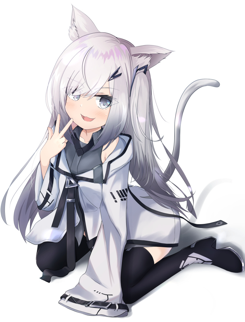 :3 :d allial_(coefont) animal_ears black_footwear boots cat_ears cat_tail coat coefont_studio eyebrows_visible_through_hair gradient_hair grey_eyes grey_hair hair_over_one_eye high_heel_boots high_heels highres kaine_(gupisgood) long_hair looking_at_viewer multicolored_hair one_side_up open_mouth simple_background sitting smile tail thigh-highs thigh_boots w wariza white_background white_coat