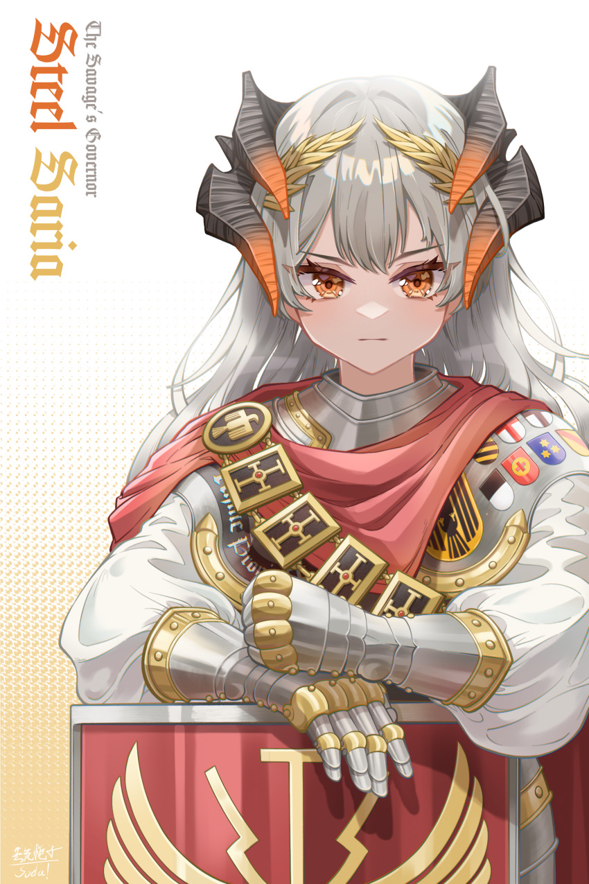 1girl absurdres alternate_costume arknights armor bangs cape character_name closed_mouth dragon_horns english_text gauntlets gradient gradient_background highres horns laurel_crown long_sleeves looking_at_viewer orange_background orange_eyes puffy_long_sleeves puffy_sleeves red_cape revision saria_(arknights) shield silver_hair upper_body v-shaped_eyebrows zhengqi_zhizi_sg