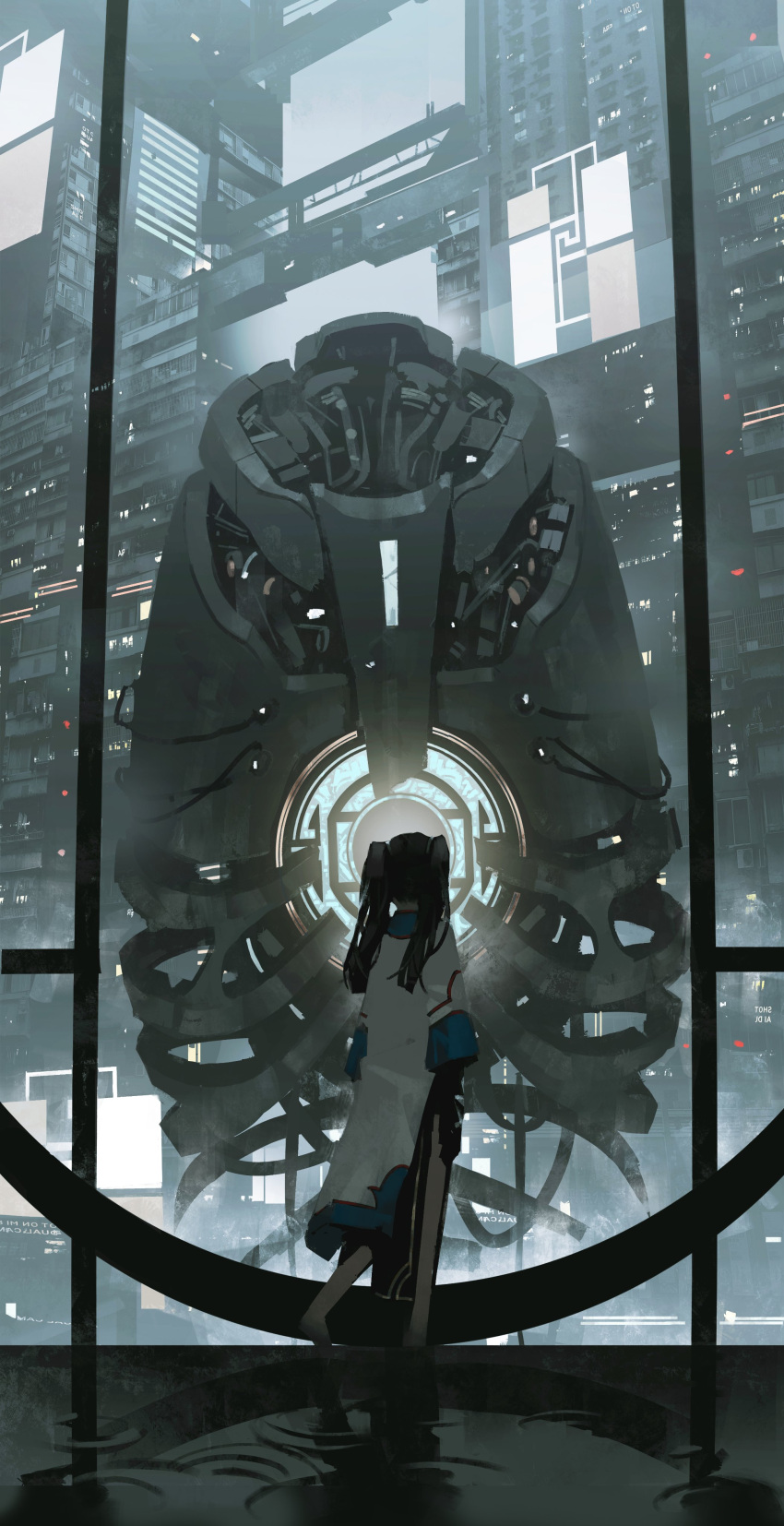 1girl absurdres barefoot black_hair building chinese_clothes city dress facing_away from_behind full_body highres long_hair long_sleeves original robot science_fiction solo tuoer twintails white_dress window