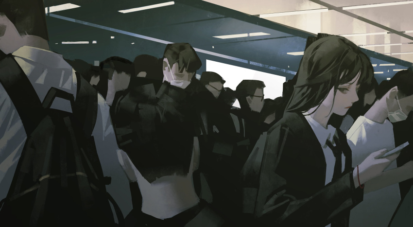 1girl 5boys 6+others absurdres backpack bag black_hair black_jacket black_necktie cellphone closed_mouth collared_shirt crowd glasses highres holding holding_phone indoors jacket long_hair looking_at_viewer multiple_boys multiple_others nape necktie original phone shirt short_hair smartphone tuoer white_shirt