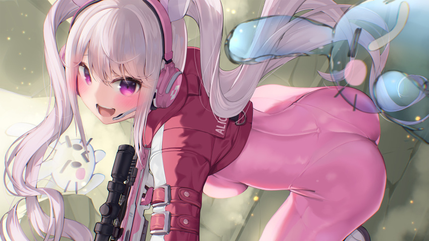 1girl :d alice_(goddess_of_victory:_nikke) ass back bangs blush bodysuit breasts commentary_request eyebrows_visible_through_hair from_behind gloves goddess_of_victory:_nikke gun hair_between_eyes headphones highres holding holding_gun holding_weapon jacket large_breasts long_hair long_sleeves looking_at_viewer looking_back open_mouth pink_bodysuit pink_eyes pink_hair rabbit satou_daiji sidelocks smile squatting twintails violet_eyes weapon