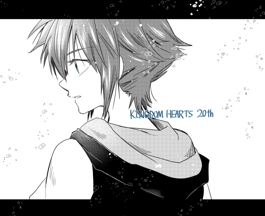 1boy absurdres anniversary bangs copyright_name eyebrows_visible_through_hair from_behind highres hood hoodie kingdom_hearts kudou_makoto letterboxed looking_down male_focus monochrome parted_lips solo sora_(kingdom_hearts) spot_color