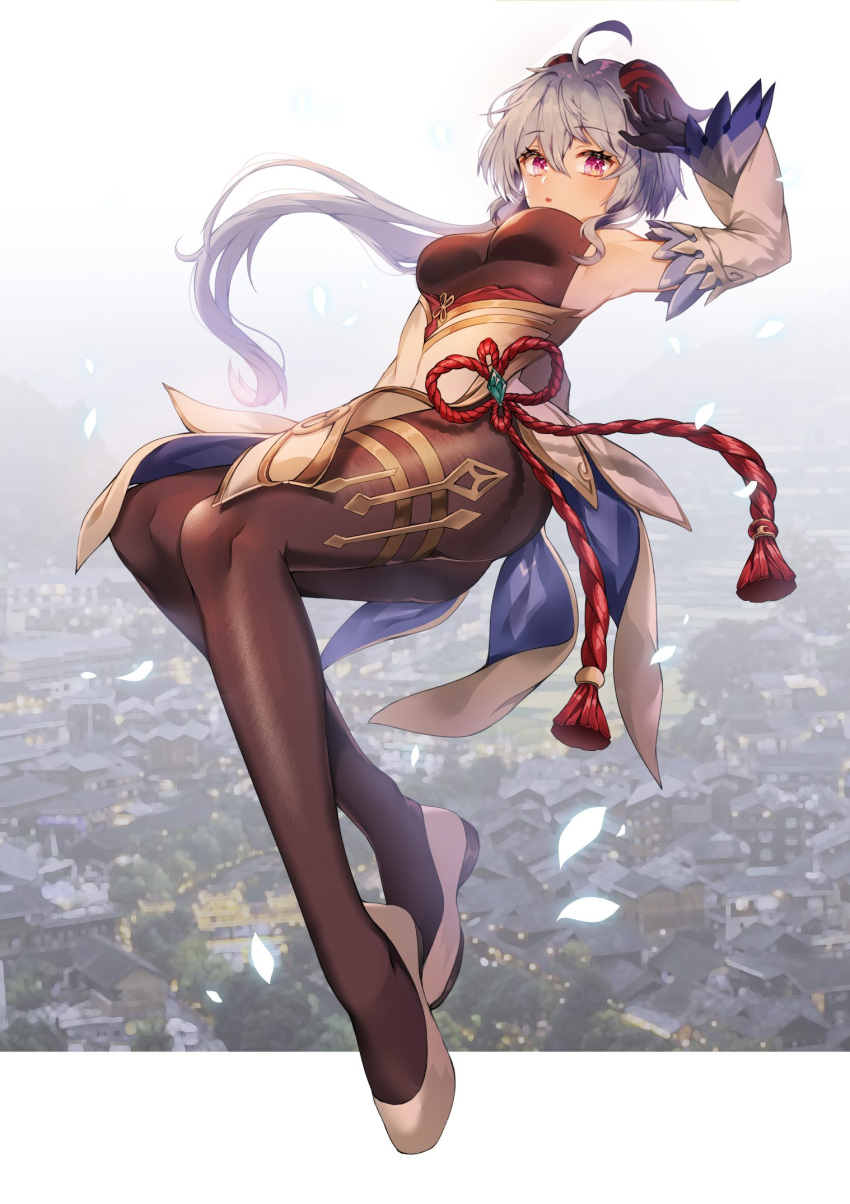 1girl ahoge arm_up armpits bangs bell black_gloves black_legwear blue_hair blush bodystocking breasts chinese_knot cityscape detached_sleeves eyebrows_visible_through_hair flower_knot full_body ganyu_(genshin_impact) genshin_impact gloves gold_trim hando_2020 high_heels highres horns long_hair looking_at_viewer low_ponytail medium_breasts neck_bell parted_lips pelvic_curtain petals red_rope rope sidelocks solo tassel thighlet thighs violet_eyes vision_(genshin_impact) waist_cape white_sleeves