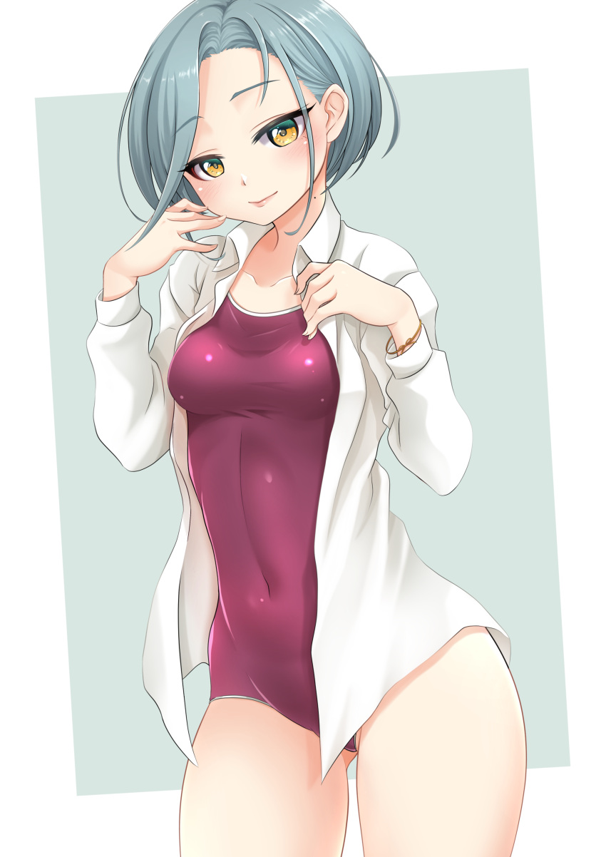 1girl absurdres adapted_costume bangs breasts collarbone collared_shirt covered_navel forehead grey_hair highres kantai_collection long_sleeves makura_(user_jpmm5733) mole mole_on_neck one-piece_swimsuit open_clothes open_shirt shirt short_hair small_breasts solo standing swept_bangs swimsuit tamanami_(kancolle) white_shirt yellow_eyes