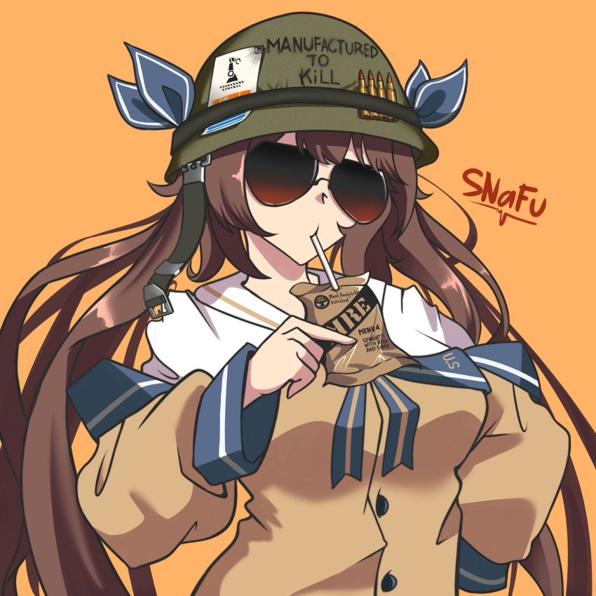 1girl absurdres brown_hair bullet commentary drinking drinking_straw english_commentary full_metal_jacket girls_frontline helmet highres long_hair long_sleeves m14_(girls'_frontline) mre orange_background parody simple_background snafu solo sunglasses twintails upper_body