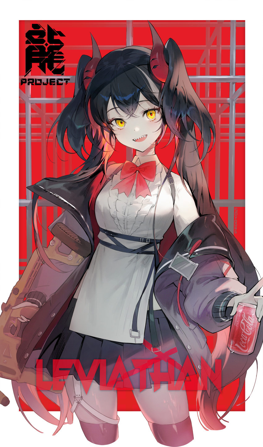 1girl absurdres black_hair black_skirt bobby_pin bow can coca-cola english_text frills grey_jacket grey_legwear gun highres holding holding_can holding_gun holding_weapon horns id_card jacket long_hair looking_at_viewer monkey_bars multicolored_hair open_clothes open_jacket open_mouth original red_bow red_horns red_pupils redhead sharp_teeth skindentation skirt soda solo soyoong_jun teeth triangle twintails upper_teeth weapon yellow_eyes