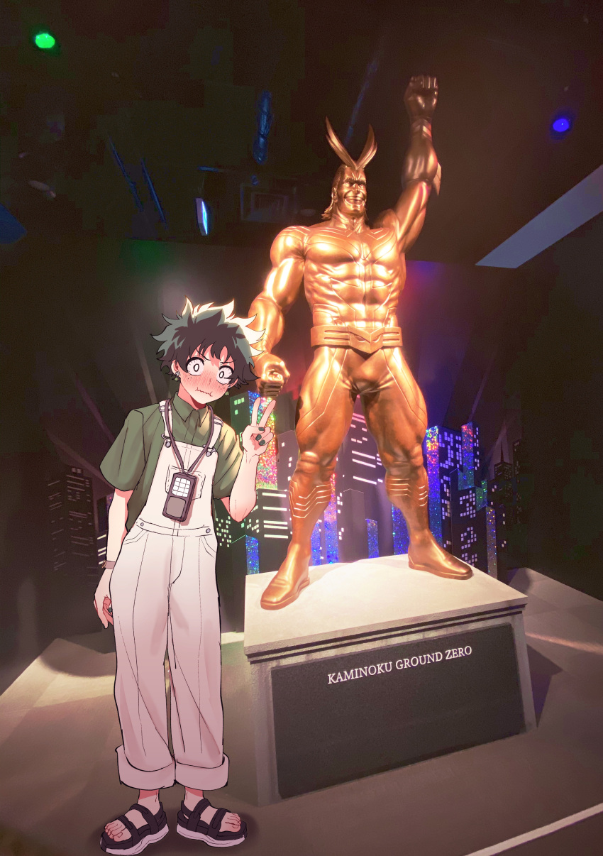 2boys abs absurdres all_might antenna_hair blush boku_no_hero_academia bright_pupils clenched_hand cuffed earrings freckles green_eyes green_hair green_nails highres jewelry looking_at_viewer midoriya_izuku multiple_boys muscular muscular_male overalls photo_(medium) rapiko real_life sandals statue v watch watch white_pupils