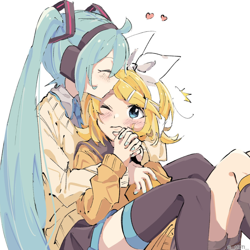 2girls ^^^ aqua_eyes aqua_hair aqua_nails aqua_necktie bangs beige_sweater black_legwear black_skirt blonde_hair bow closed_eyes commentary grey_shirt hair_bow hair_ornament hairclip hatsune_miku headphones heart highres holding_hands kagamine_rin kiss kissing_forehead leg_warmers long_hair m0ti miniskirt multiple_girls nail_polish necktie one_eye_closed orange_sweater pleated_skirt sailor_collar school_uniform shirt short_hair shorts sitting sitting_between_lap skirt sweater swept_bangs thigh-highs twintails very_long_hair vocaloid white_background white_bow yuri zettai_ryouiki