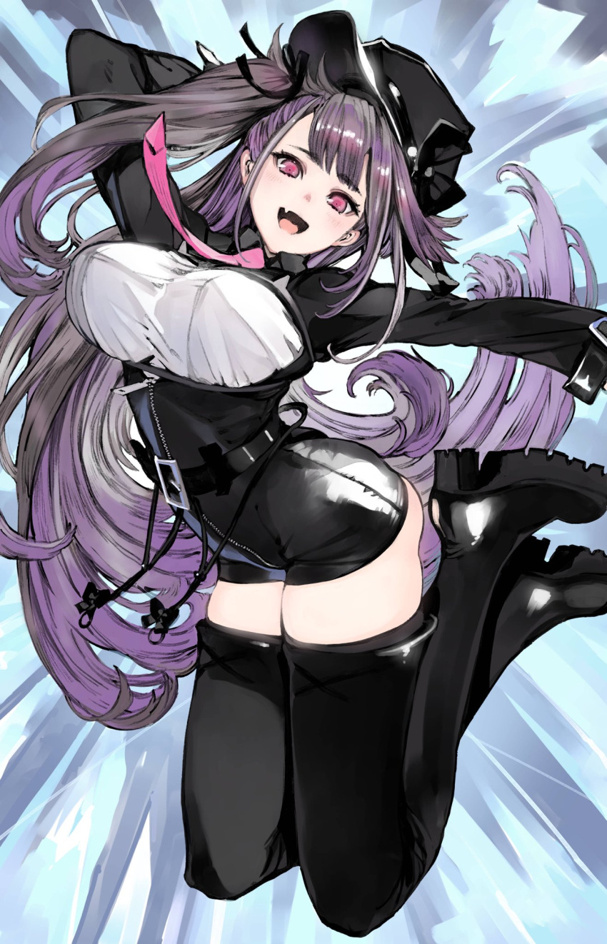1girl azur_lane bangs black_footwear black_headwear black_shorts boots breasts commission eyebrows_visible_through_hair fang floating_hair high-waist_shorts highres houden_eizou large_breasts long_hair open_mouth pamiat_merkuria_(azur_lane) shorts shrug_(clothing) side_ponytail skeb_commission skin_fang smile solo thigh-highs thigh_boots very_long_hair violet_eyes