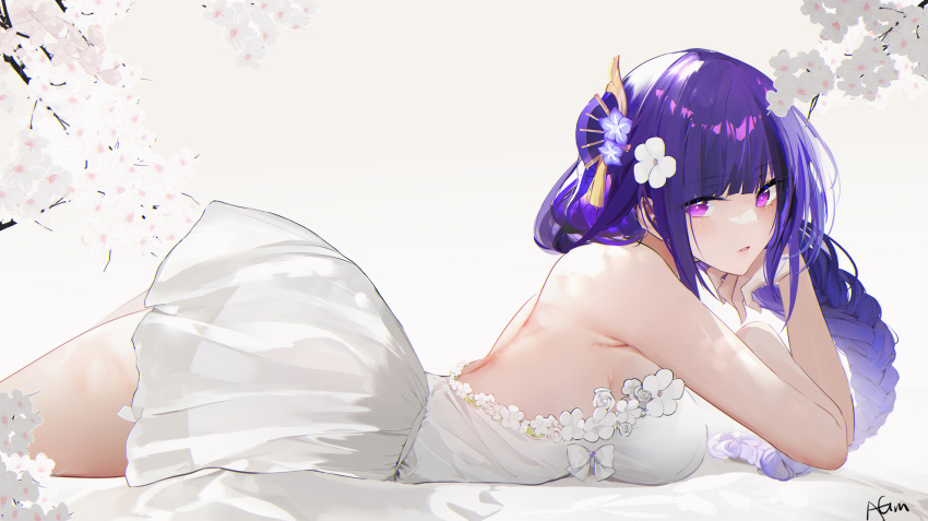 1girl arm_support bangs blunt_bangs braid braided_ponytail breasts cherry_blossoms dress genshin_impact hair_ornament highres large_breasts long_hair low-tied_long_hair lying omone_hokoma_agm on_bed on_stomach purple_hair raiden_shogun solo thighs very_long_hair violet_eyes white_background white_dress yellow_background