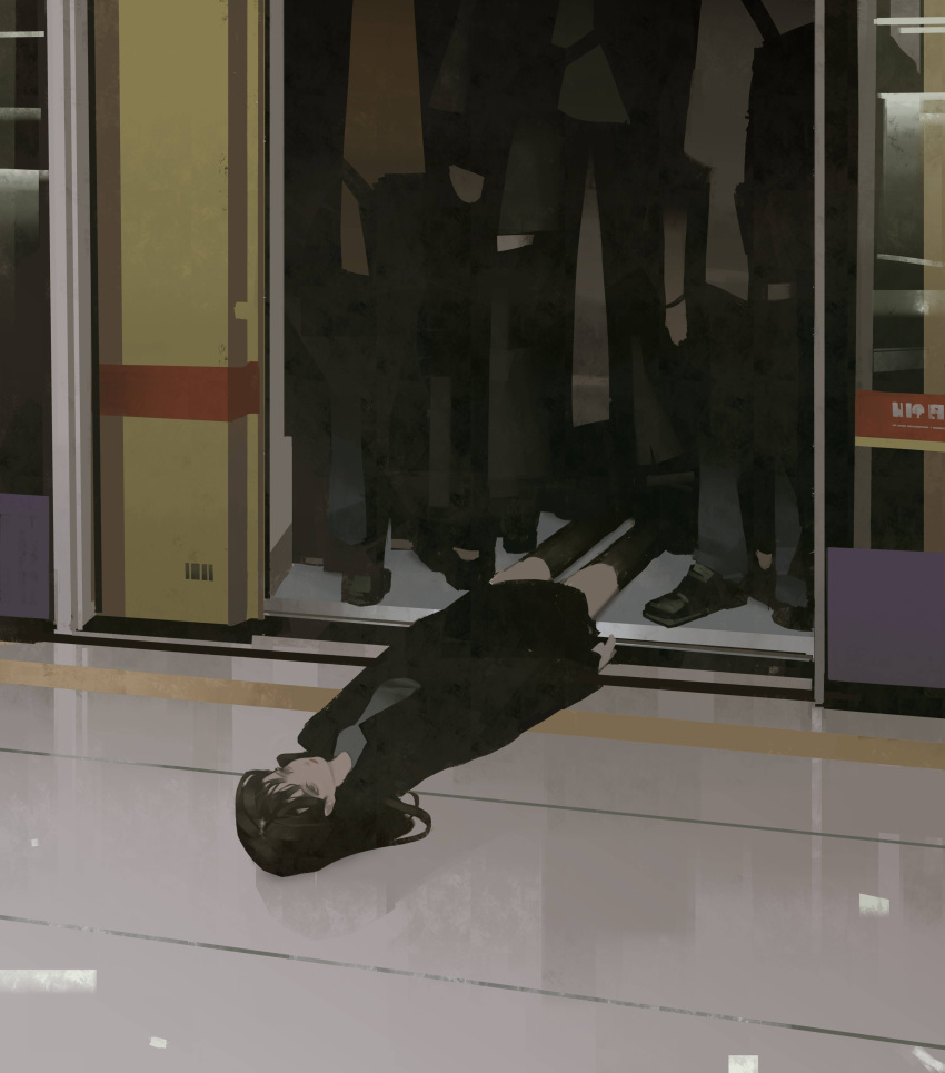 1girl 6+others absurdres black_hair black_jacket black_legwear closed_mouth elevator expressionless grey_shirt highres indoors jacket long_hair long_sleeves lying multiple_others on_back on_floor original shirt thigh-highs tuoer
