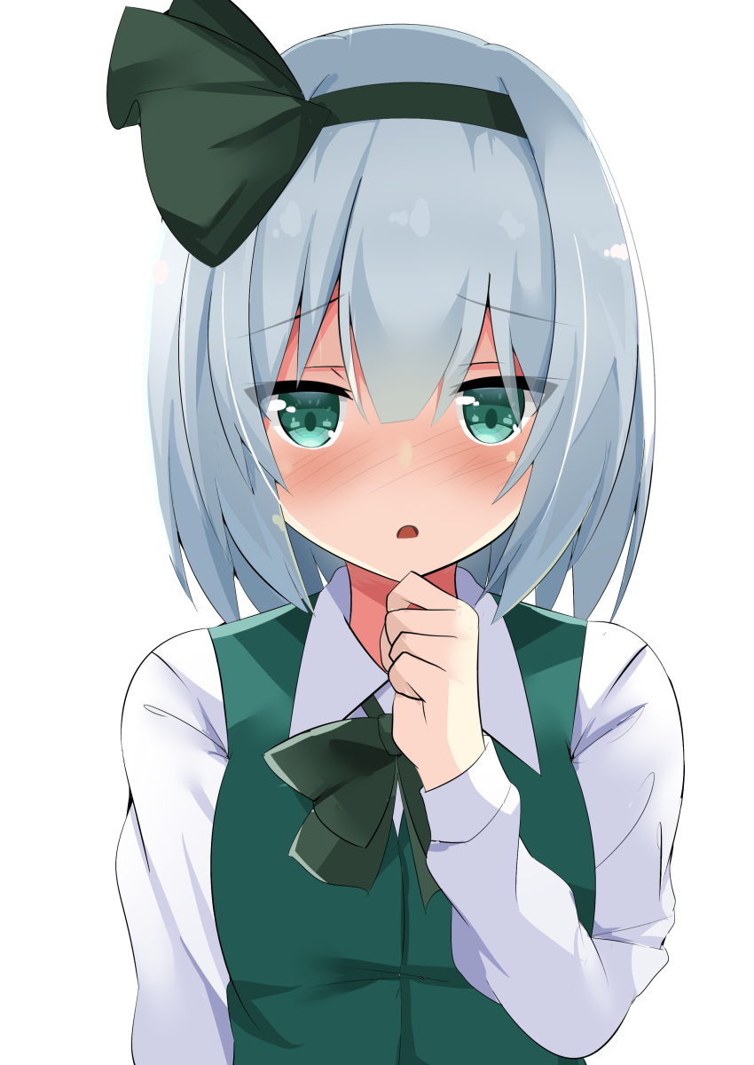1girl 9150namihana :o absurdres bangs black_bow black_hairband black_necktie black_ribbon blue_eyes blush bob_cut bow breasts collared_shirt commentary_request eyebrows_visible_through_hair eyelashes furrowed_brow green_eyes green_vest hair_ribbon hairband highres konpaku_youmu long_sleeves looking_at_viewer necktie nose_blush ribbon shirt short_hair silver_hair simple_background small_breasts solo touhou upper_body vest white_background white_shirt wing_collar