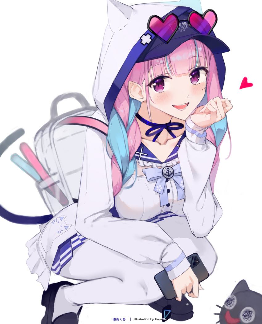 1girl :d animal_hood backpack bag bangs baseball_cap blue_bow blue_bowtie blue_hair blue_headwear blue_sailor_collar blush bow bowtie braid breasts cat_tail cellphone eyebrows_visible_through_hair eyewear_on_headwear frilled_sailor_collar frills hat heart heart-shaped_eyewear highres holding hololive hood jacket large_breasts long_sleeves looking_at_viewer minato_aqua multicolored_hair neko_(minato_aqua) open_clothes open_jacket pantyhose phone pink_hair pleated_skirt sailor_collar shirt shoes skirt smartphone smile solo squatting sunglasses suparaisu tail twin_braids twintails two-tone_hair virtual_youtuber white_jacket white_legwear white_shirt