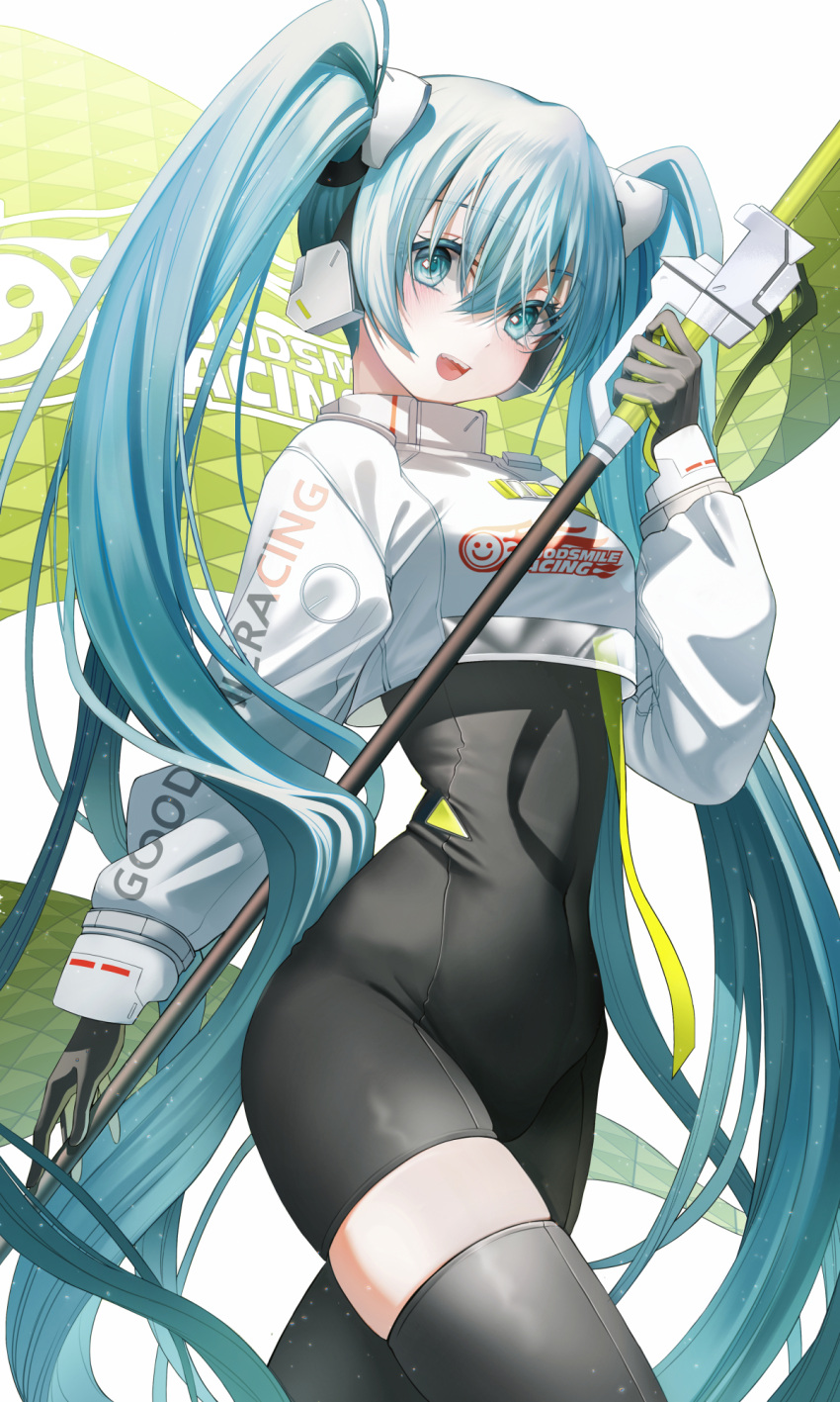 1girl :d bangs black_bodysuit black_gloves black_legwear blue_eyes blue_hair bodysuit breasts clothes_writing covered_navel cowboy_shot crop_top eyebrows_visible_through_hair flag gloves hatsune_miku headgear highres holding holding_flag liso long_hair looking_at_viewer open_mouth racing_miku_(2022) simple_background single_thighhigh skindentation small_breasts smile solo thigh-highs twintails very_long_hair vocaloid white_background