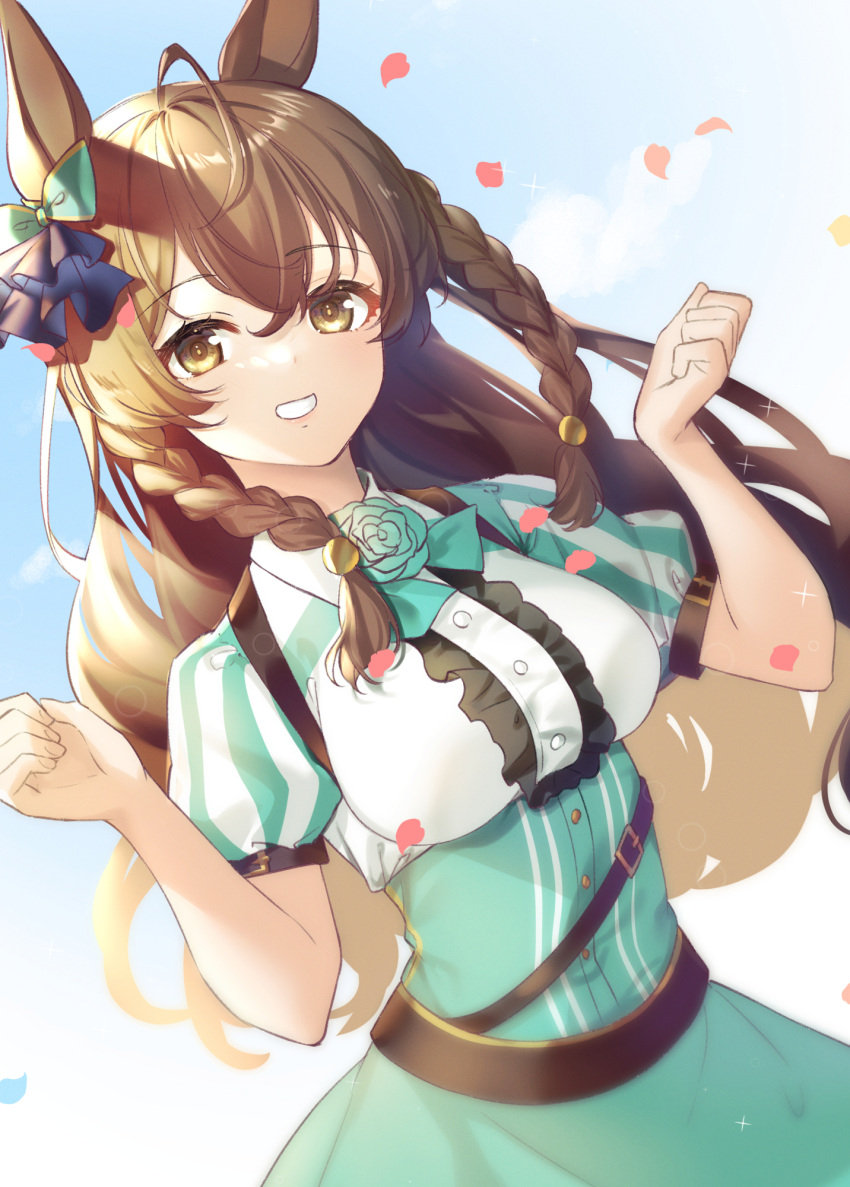 1girl animal_ears bangs blue_bow blue_flower blue_rose blue_skirt blue_sky blush bow breasts brown_eyes brown_hair center_frills clouds commentary_request day dutch_angle ear_bow eyebrows_visible_through_hair flower frills grin hair_between_eyes hands_up highres horse_ears long_hair looking_at_viewer medium_breasts mejiro_bright_(umamusume) outdoors petals puffy_short_sleeves puffy_sleeves rose rukinya_(nyanko_mogumogu) shirt short_sleeves skirt sky smile solo umamusume very_long_hair white_shirt