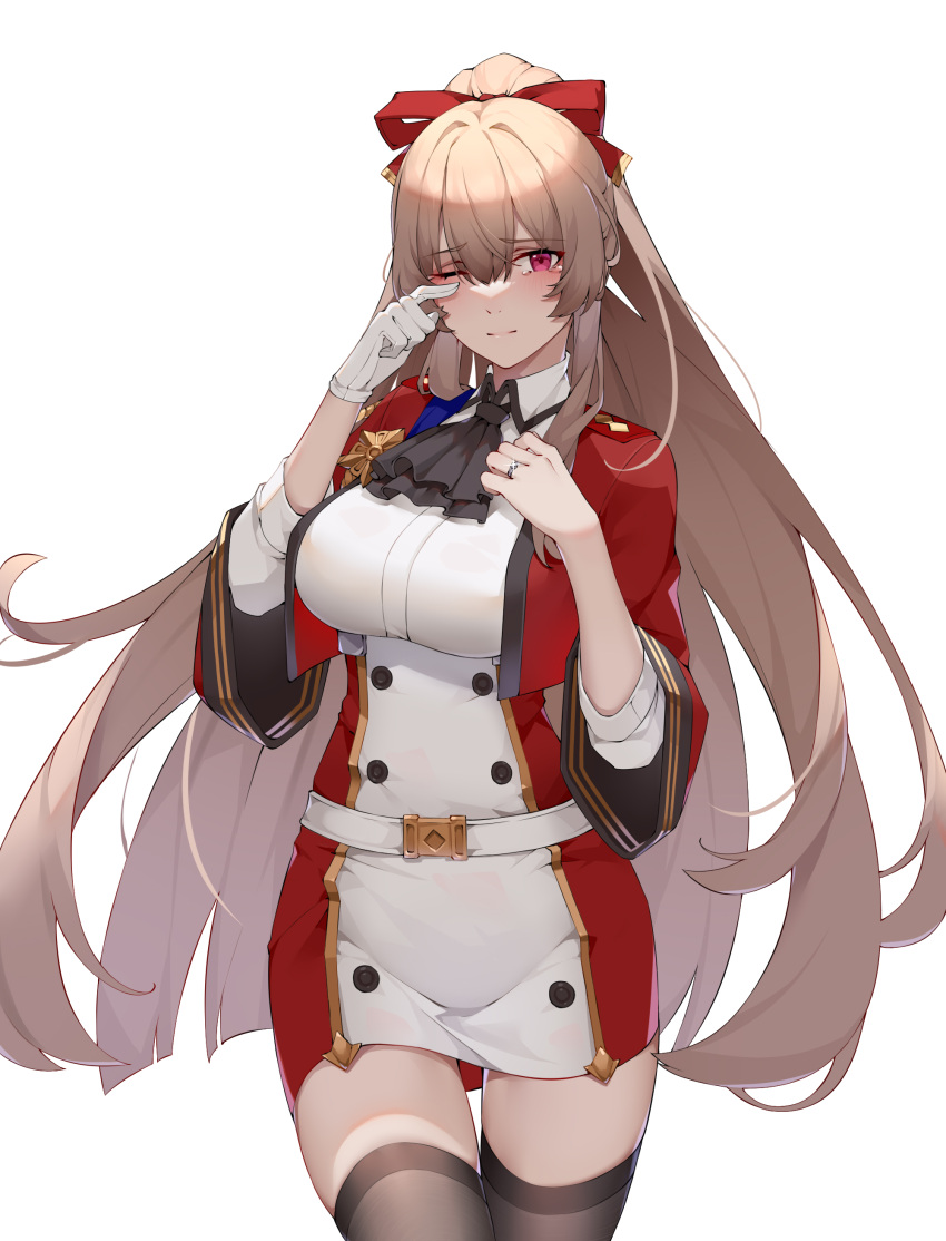 1girl absurdres azur_lane belt black_legwear blush bow breasts brown_hair commentary_request cowboy_shot eyebrows_visible_through_hair gloves hair_between_eyes hair_bow highres jewelry large_breasts long_hair one_eye_closed red_bow red_eyes ring single_glove swiftsure_(azur_lane) tearing_up thigh-highs thigh_gap very_long_hair wedding_ring white_belt white_gloves wsfw
