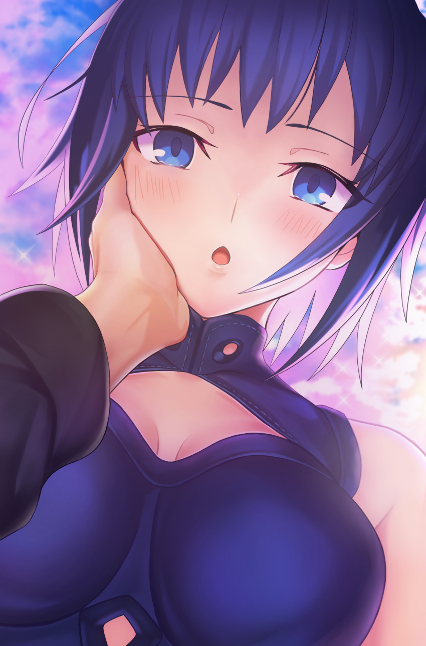 1boy 1girl :o bangs bare_shoulders black_sleeves blue_dress blue_eyes blue_hair blush breasts ciel_(tsukihime) clothing_cutout clouds commentary dress hand_on_another's_face harukey highres large_breasts lips long_sleeves looking_at_viewer out_of_frame outdoors parted_bangs pink_lips pov pov_hands powerd_ciel short_hair sky sleeveless sleeveless_dress solo_focus tearing_up tohno_shiki tsukihime tsukihime_(remake) upper_body