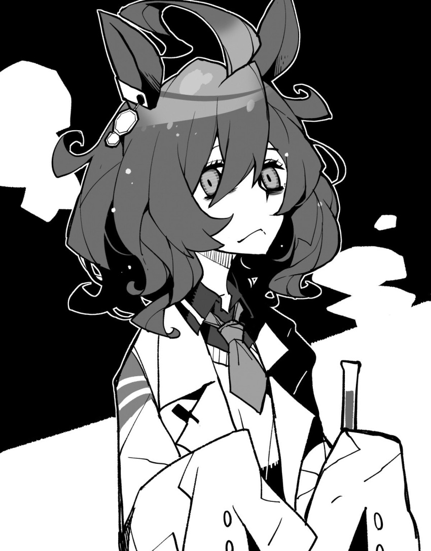 1girl agnes_tachyon_(umamusume) ahoge commentary dowman_sayman greyscale highres labcoat looking_at_viewer messy_hair monochrome necktie portrait school_uniform short_hair sleeves_past_fingers sleeves_past_wrists solo test_tube umamusume wing_collar
