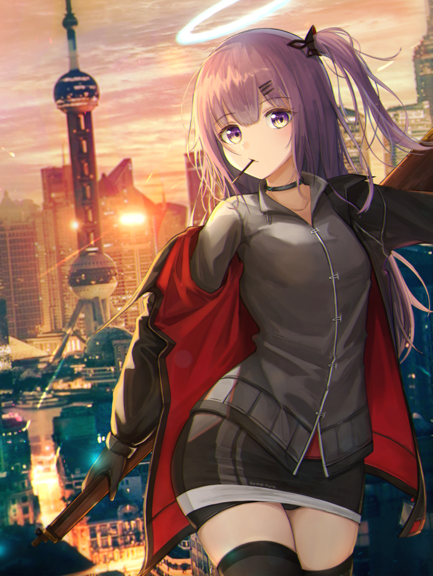 1girl ambriel_(arknights) arknights backlighting bangs black_gloves black_jacket black_legwear building choker cityscape closed_mouth clouds cloudy_sky collarbone collared_shirt cowboy_shot cropped_arms cropped_legs eyebrows_visible_through_hair flippy_(cripine111) food gloves grey_shirt gun hair_ornament hairclip halo head_tilt highres holding holding_gun holding_weapon infection_monitor_(arknights) jacket light_blush long_hair long_sleeves looking_at_viewer miniskirt one_side_up photo_background pocky pocky_in_mouth purple_hair red_jacket rifle see-through_legwear shanghai shirt skindentation skirt sky skyscraper solo sunset thigh-highs violet_eyes weapon zettai_ryouiki