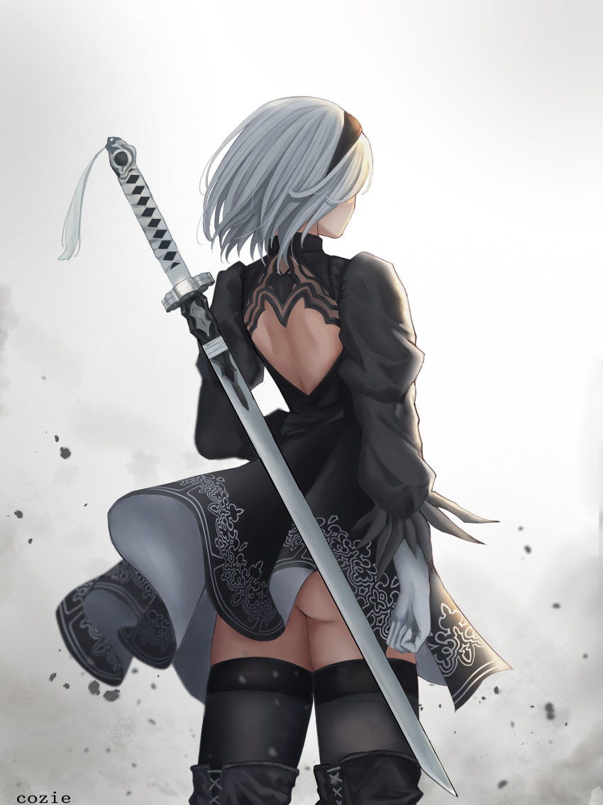 1girl absurdres artist_name ass back black_dress black_hairband black_legwear boots cozie178 dress feet_out_of_frame gloves hairband highres knee_boots nier_(series) nier_automata short_hair silver_hair simple_background solo standing sword thigh-highs weapon weapon_on_back white_gloves yorha_no._2_type_b