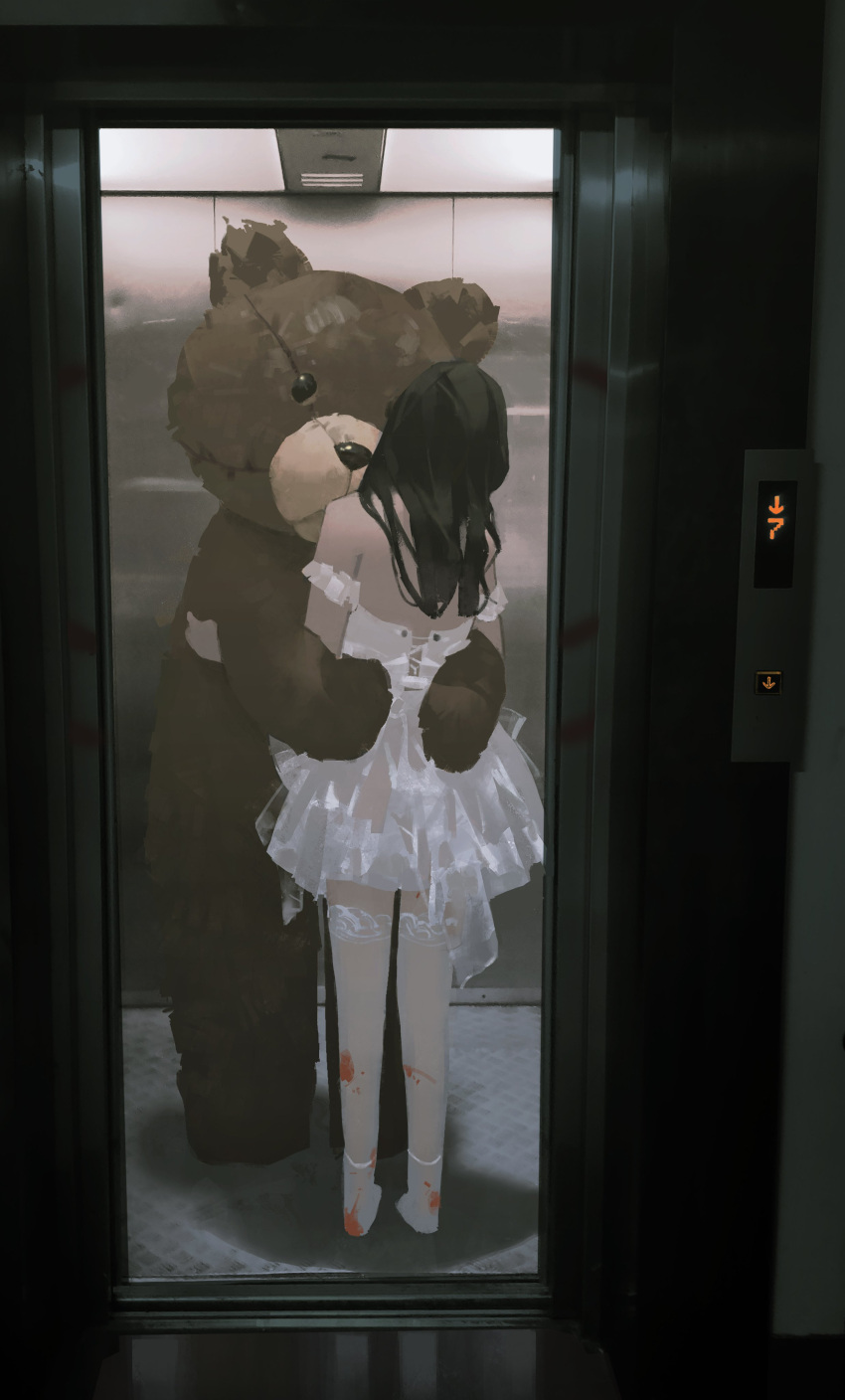 1girl absurdres bare_shoulders black_hair blood_on_leg dress elevator from_behind full_body highres hug long_hair no_shoes off-shoulder_dress off_shoulder original oversized_object solo standing stuffed_animal stuffed_toy teddy_bear thigh-highs tuoer white_dress white_legwear