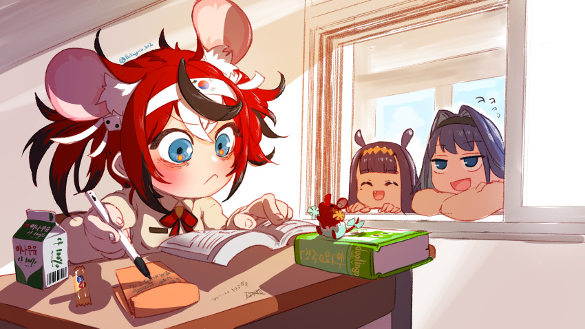 3girls :&lt; :d ^_^ absurdres animal_ear_fluff animal_ears bags_under_eyes bangs black_hair blue_eyes blue_hair book butayaro_kr closed_eyes commentary_request desk dice_hair_ornament extra_ears fang hair_between_eyes hair_ornament hakos_baelz headband highres hololive hololive_english korean_commentary korean_text looking_at_another mixed-language_commentary mouse mouse_ears mr._squeaks_(hakos_baelz) multicolored_hair multiple_girls ninomae_ina'nis open_book ouro_kronii peeking_out pen pom_pom_(cheerleading) purple_hair redhead school_desk smile south_korean_flag streaked_hair studying twitter_username virtual_youtuber white_hair window