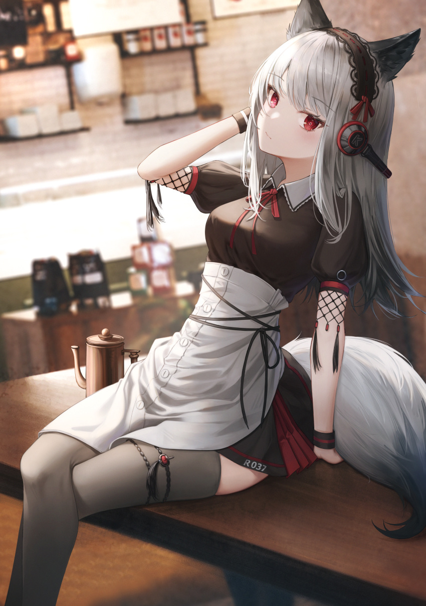 1girl absurdres animal_ears apron arknights arm_support bangs black_legwear black_skirt blurry blurry_background closed_mouth coffee_beans coffee_maker_(object) coffee_pot crossed_legs eyebrows_visible_through_hair flippy_(cripine111) fox_ears fox_girl fox_tail frostleaf_(arknights) hair_ornament hand_on_headphones head_tilt headdress headphones highres leg_garter light_blush long_hair looking_at_viewer miniskirt puffy_short_sleeves puffy_sleeves red_eyes short_sleeves sitting sitting_on_table skirt solo table tail thigh-highs waist_apron white_hair wristband zettai_ryouiki