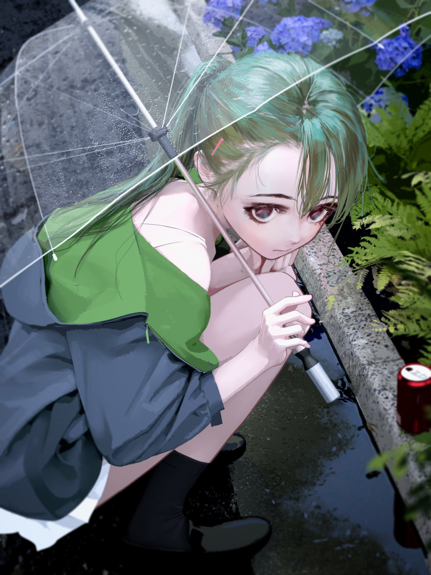 1girl absurdres boots expressionless flower from_above highres holding holding_umbrella hydrangea long_hair looking_at_viewer original outdoors rain solo squatting tacshojosora transparent transparent_umbrella umbrella