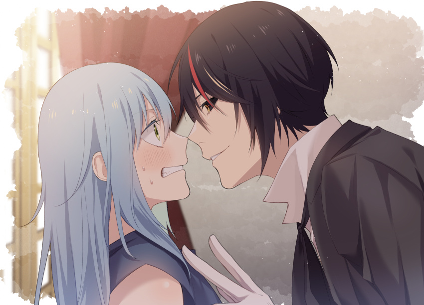 1boy 1other androgynous bangs bent_over black_coat black_hair blue_hair blush clenched_teeth coat commentary_request diablo_(tensei_shitara_slime_datta_ken) eye_contact eyelashes from_side gloves hair_between_eyes highres indoors looking_at_another multicolored_hair nose_blush red_curtains redhead rimuru_tempest shirt sidelocks ss023xx streaked_hair teeth tensei_shitara_slime_datta_ken white_gloves white_shirt wide-eyed window windowsill yellow_eyes