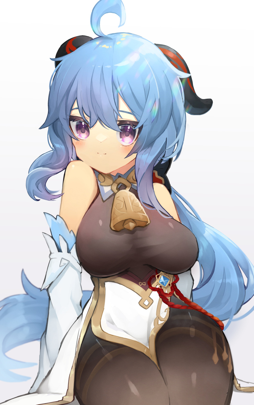 1girl absurdres ahoge bangs bare_shoulders bell black_legwear blue_hair blush breasts chinese_knot detached_sleeves ebichiri_sunday flower_knot ganyu_(genshin_impact) genshin_impact gold_trim highres horns large_breasts light_smile long_hair looking_at_viewer neck_bell pelvic_curtain red_rope rope sidelocks sitting solo tassel thighlet thighs violet_eyes vision_(genshin_impact) white_sleeves
