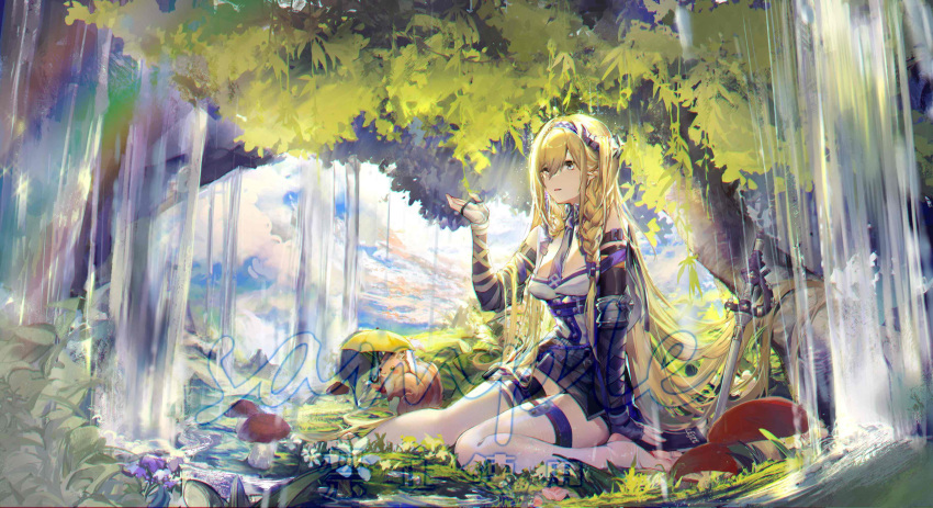 1girl absurdres arknights bangs blonde_hair blue_eyes blue_hairband blue_necktie breasts commentary_request elbow_gloves fingerless_gloves gloves hair_between_eyes hairband hand_up highres horns long_hair medium_breasts miomaomiao mushroom necktie no_shoes outdoors parted_lips planted planted_sword rainbow saileach_(arknights) sitting solo sword thigh-highs very_long_hair wariza weapon white_legwear