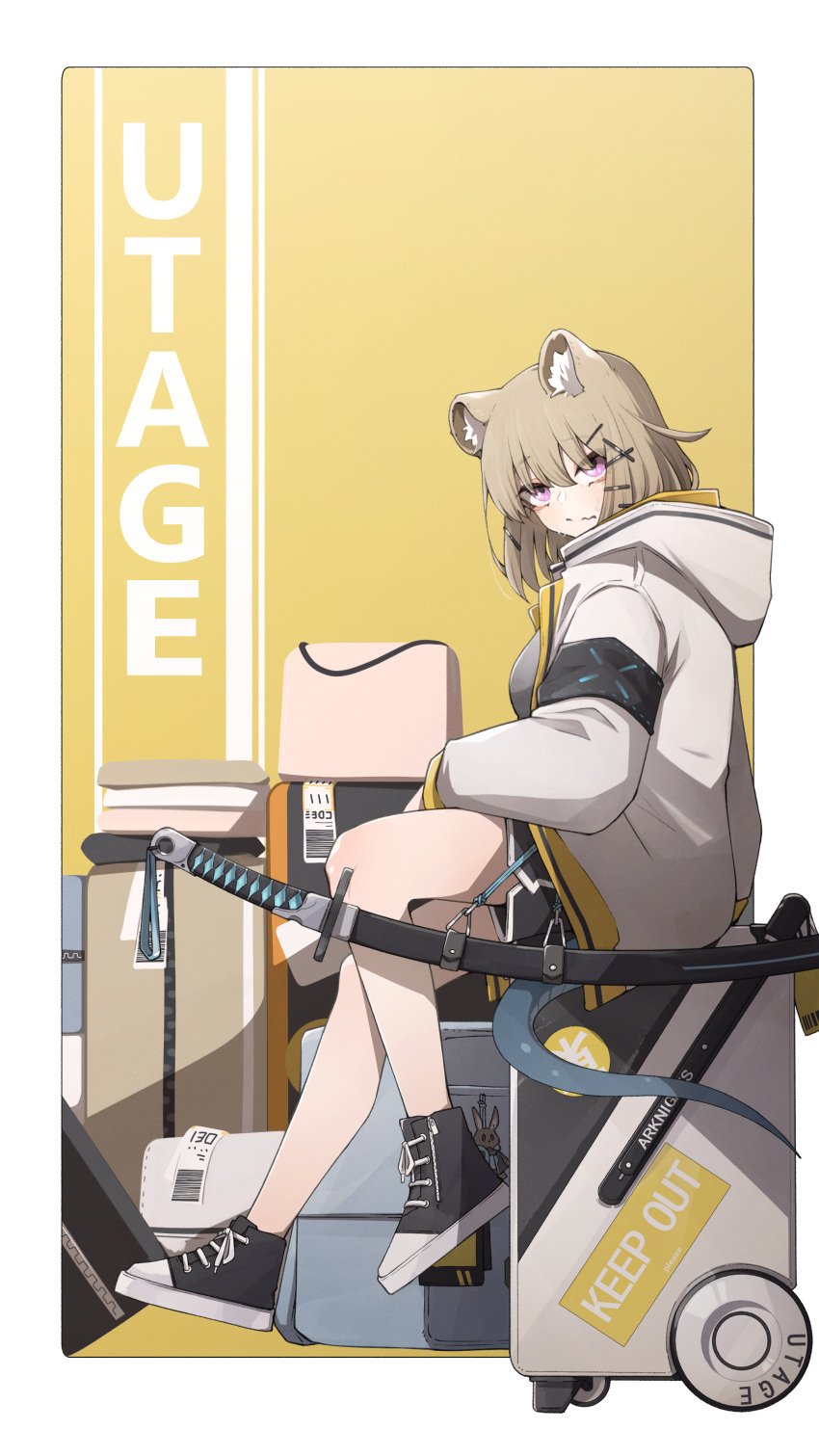 1girl absurdres animal_ear_fluff animal_ears arknights bag bangs bare_legs black_footwear black_shorts blush border breasts brown_hair character_name closed_mouth eyebrows_visible_through_hair from_side full_body grey_jacket hair_ornament hairclip highres hood hood_down hooded_jacket if_f jacket long_sleeves looking_at_viewer looking_to_the_side medium_breasts outside_border rolling_suitcase sheath sheathed shoes short_hair short_shorts shorts sitting solo sword tail two-tone_background utage_(arknights) violet_eyes weapon white_border x_hair_ornament yellow_background