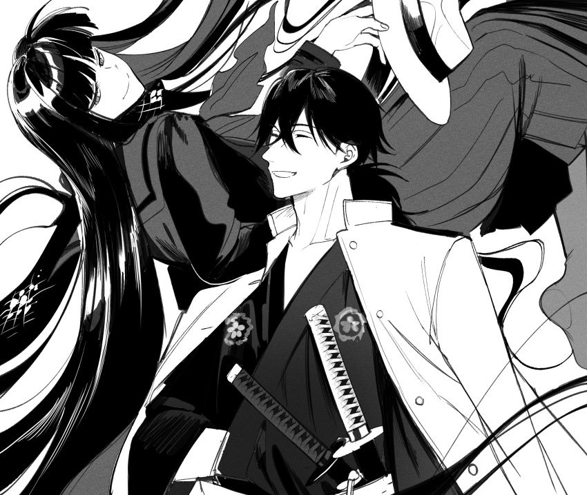 1boy 1girl ^_^ bangs closed_eyes commentary_request couple fate/grand_order fate_(series) fedora floating greyscale grin hair_between_eyes hat highres holding holding_clothes holding_hat husband_and_wife jacket jacket_on_shoulders japanese_clothes katana kimono koha-ace long_hair long_skirt long_sleeves looking_at_another monochrome oryou_(fate) ponytail ryousuke_(tukr5384) sakamoto_ryouma_(fate) sakamoto_ryouma_(lancer)_(fate) scarf skirt smile sword teeth very_long_hair weapon wide_sleeves
