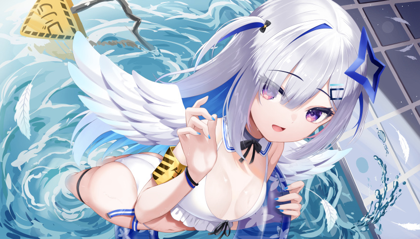 1girl absurdres amane_kanata angel_wings armband bikini blue_hair blue_nails colored_inner_hair eyebrows_visible_through_hair feathered_wings feathers hair_ornament hairclip highres hololive innertube long_hair midriff multicolored_hair nail_polish navel open_mouth pool roina_(effj7473) silver_hair solo swimsuit two-tone_hair two_side_up violet_eyes virtual_youtuber water wings