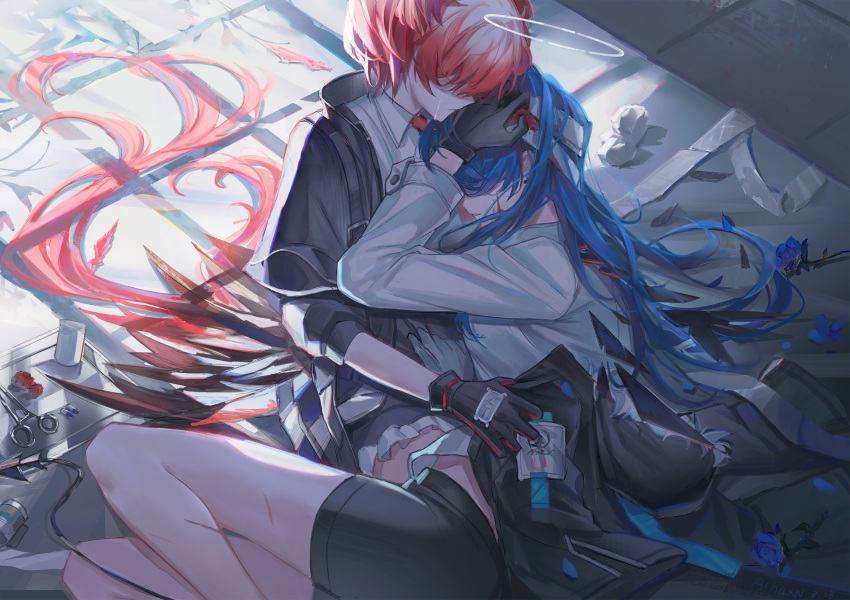 2girls arknights bandaged_head bandages bare_legs bird_girl bird_tail black_coat black_gloves black_shorts blood blood_on_face blue_hair coat coat_removed crying feet_out_of_frame fiammetta_(arknights) frills gloves halo highres injury long_hair long_sleeves luren_max lying mostima_(arknights) multiple_girls on_bed on_side open_clothes open_coat parted_lips redhead shirt short_hair short_shorts shorts signature sitting tail tears tray very_long_hair white_shirt window_shade