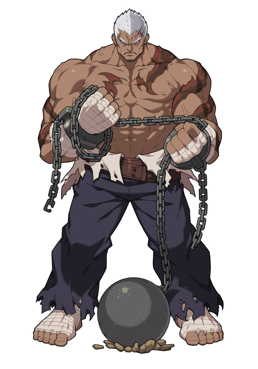 1boy absurdres bandages chain dark_skin desert_mercenary_marvin full_body game_cg guardian_tales hand_wraps highres looking_at_viewer muscular official_art pants scar scar_on_face short_hair standing tattoo topless_male torn_clothes torn_legwear transparent_background white_hair