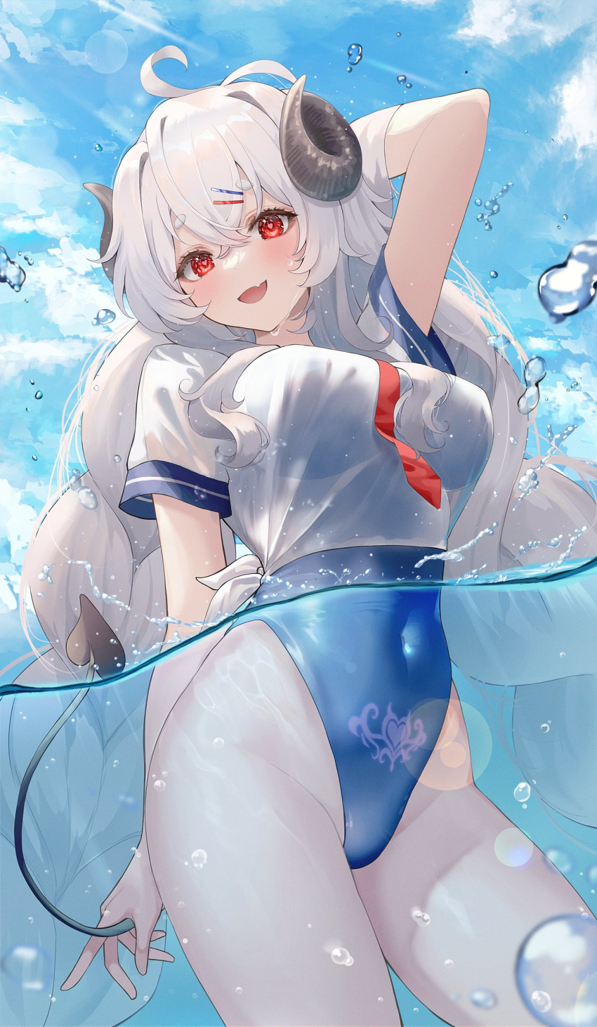 1girl :d ahoge arm_behind_back arm_up blue_swimsuit breasts clouds contrapposto covered_navel cowboy_shot crop_top curled_horns day demon_girl demon_horns demon_tail fang hair_ornament hairclip heart heart-shaped_pupils highleg highleg_swimsuit highres horns large_breasts long_hair looking_at_viewer necktie one-piece_swimsuit original outdoors partially_submerged partially_underwater_shot pubic_tattoo red_eyes sailor_collar sailor_shirt shirt short_sleeves side-tie_shirt sky smile solo standing sunlight swimsuit symbol-shaped_pupils tail tattoo thick_eyebrows thighs very_long_hair water wet white_hair white_shirt zain_(jiha3905)