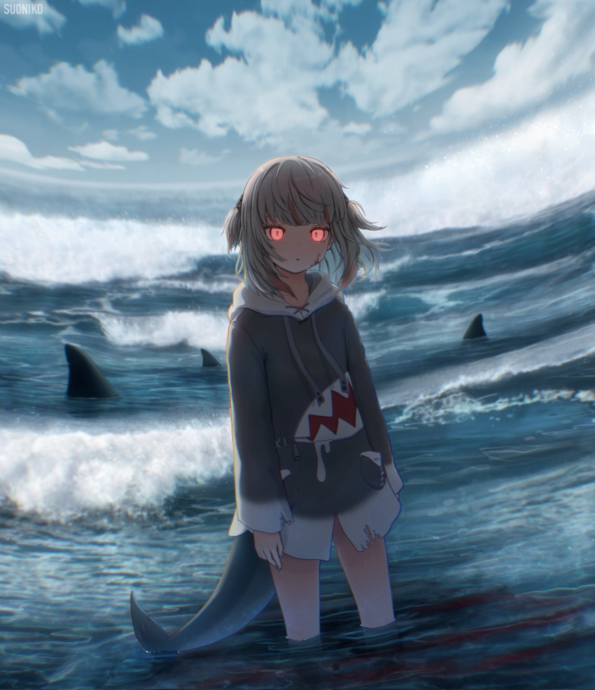 1girl animal_costume animal_hood bangs blood blood_on_face blue_hoodie blunt_bangs clouds cloudy_sky fish_tail gawr_gura glowing glowing_eyes hair_ornament highres hololive hololive_english hood hoodie long_sleeves looking_at_viewer multicolored_hair ocean partially_submerged red_eyes redhead shark shark_girl shark_hair_ornament shark_hood shark_tail short_twintails silver_hair sky solo suoniko tail twintails two-tone_hair virtual_youtuber water waves