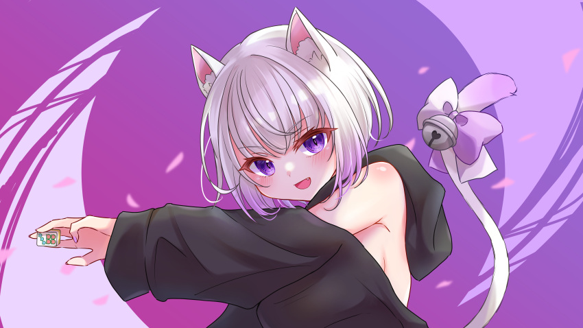 1girl absurdres animal_ear_fluff animal_ears bare_shoulders bell black_coat blush bow breasts cat_ears cat_girl cat_tail coat commentary commission fang gradient_hair highres indie_virtual_youtuber long_sleeves looking_at_viewer mahjong mahjong_tile medium_breasts medium_hair multicolored_hair null_maru purple_background purple_bow purple_hair satou_namu_(vtuber) silver_hair skeb_commission smile solo tail violet_eyes virtual_youtuber white_bow