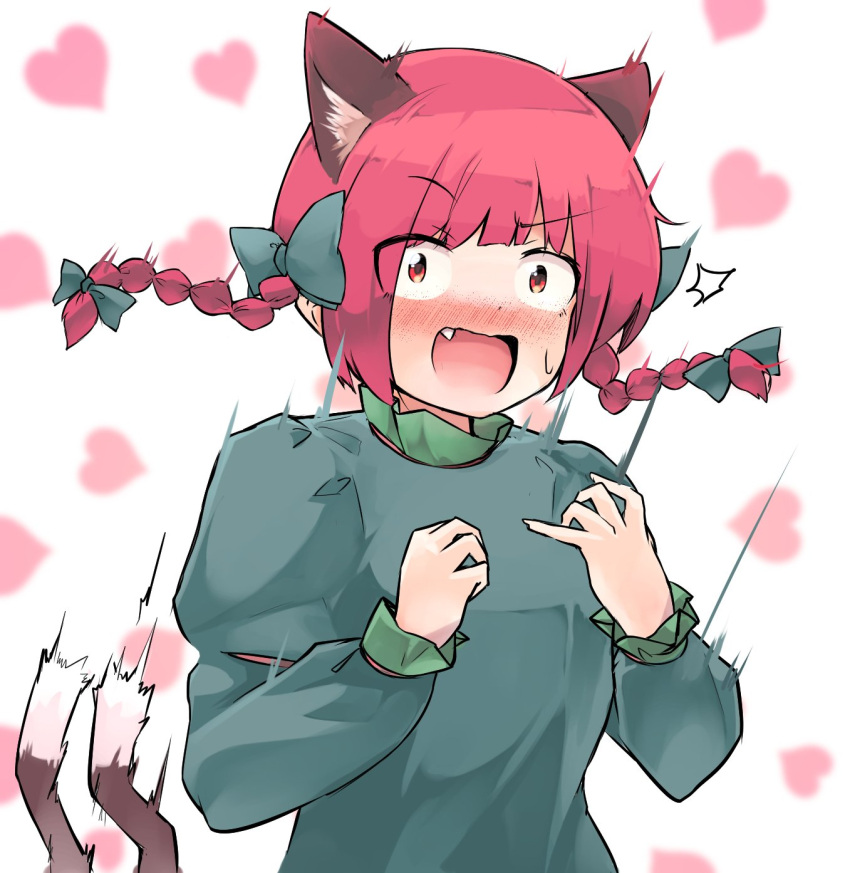 1girl animal_ears bangs blunt_bangs blush bow braid cat_ears cat_tail dress embarrassed extra_ears eyebrows_visible_through_hair fang ginnkei green_dress hair_bow hands_up heart heart_background highres juliet_sleeves kaenbyou_rin long_sleeves nekomata nose_blush open_mouth puffy_sleeves raised_eyebrow red_eyes redhead sanpaku scared simple_background solo tail touhou twin_braids white_background