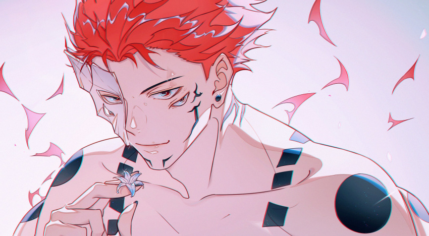 1boy arm_tattoo closed_mouth collarbone ear_piercing extra_arms extra_eyes facial_mark facial_tattoo flower glorenia highres holding holding_flower jujutsu_kaisen looking_at_viewer male_focus muscular muscular_male pectorals piercing ryoumen_sukuna_(jujutsu_kaisen) short_hair shoulder_tattoo smile solo tattoo topless_male upper_body