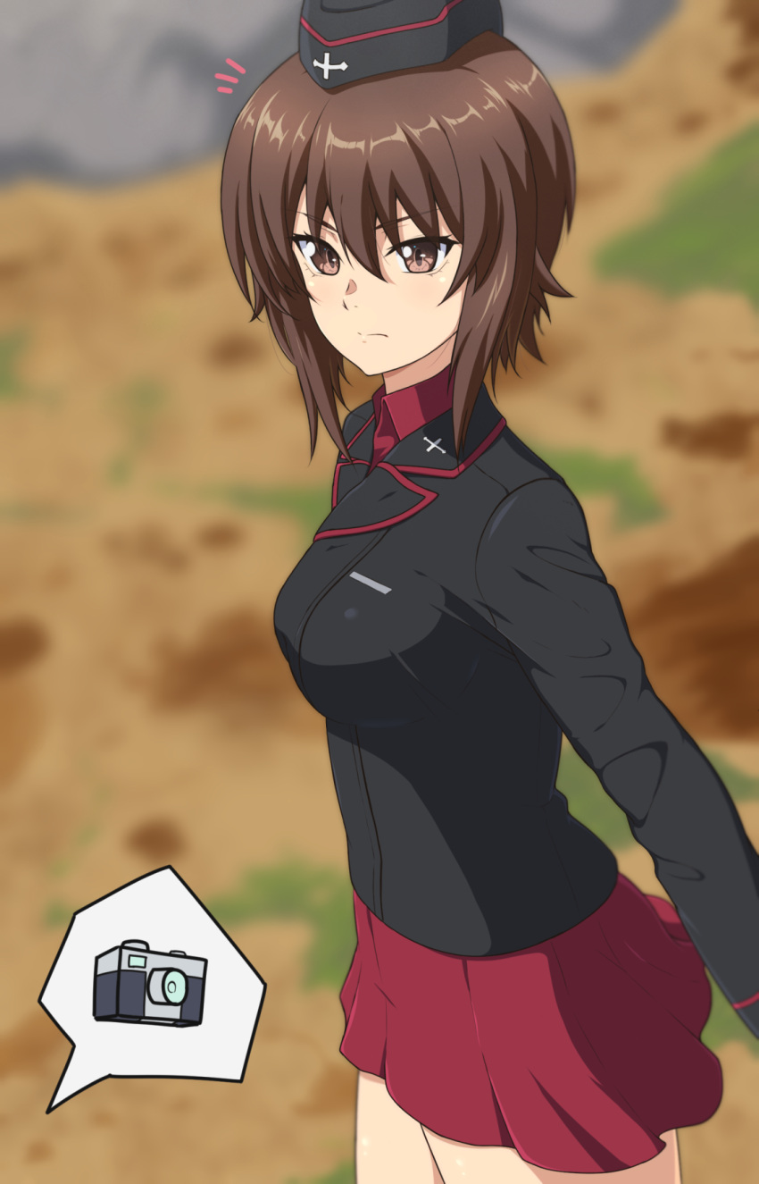 1girl ada_badguy blush breasts brown_eyes brown_hair closed_mouth eyebrows_visible_through_hair girls_und_panzer hat highres kuromorimine_military_uniform looking_at_viewer medium_breasts military military_uniform miniskirt nishizumi_maho outdoors pleated_skirt red_skirt shiny shiny_hair shiny_skin short_hair skirt solo standing uniform