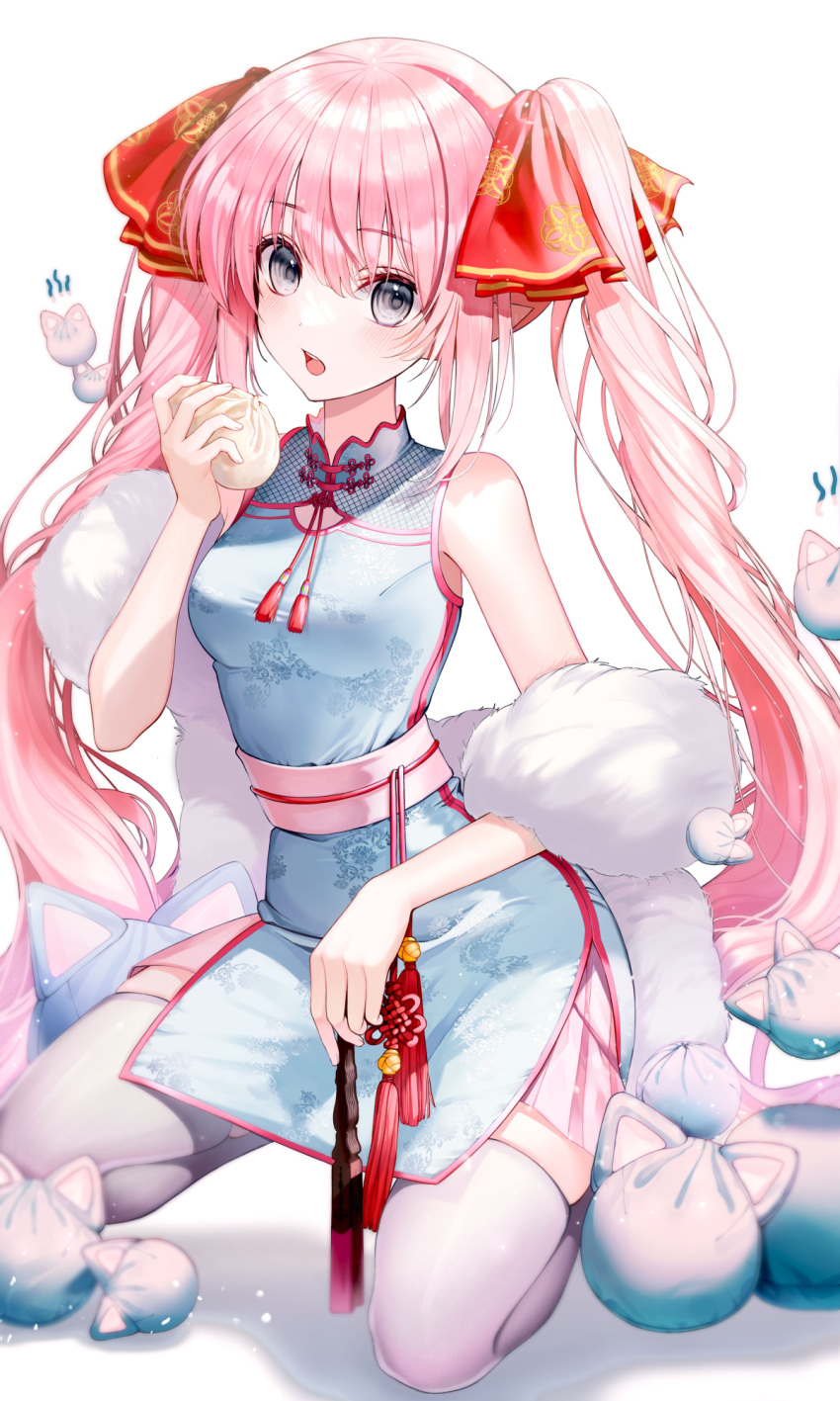 1girl breasts china_dress chinese_clothes dress eyebrows_visible_through_hair highres liso long_hair looking_at_viewer medium_breasts open_mouth original pink_hair sleeveless sleeveless_dress solo thigh-highs twintails very_long_hair white_dress white_legwear
