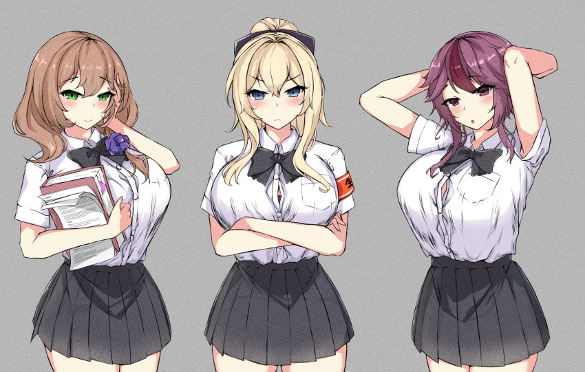 3girls :o alternate_costume armband arms_behind_head arms_under_breasts black_bow black_bowtie black_skirt blonde_hair blue_eyes book bow bowtie breasts brown_hair button_gap collared_shirt cowboy_shot eyebrows_visible_through_hair flower frown genshin_impact green_eyes hair_bow hair_flower hair_ornament hair_over_shoulder hand_in_own_hair highres holding holding_book holding_paper jean_(genshin_impact) large_breasts line4x lisa_(genshin_impact) long_hair looking_at_viewer multicolored_hair multiple_girls paper ponytail purple_hair redhead rosaria_(genshin_impact) school_uniform shirt short_hair_with_long_locks short_sleeves simple_background skirt smile streaked_hair tented_shirt violet_eyes white_shirt