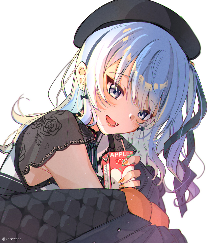 1girl bangs beret black_bow black_headwear black_ribbon blue_eyes blue_hair blue_jacket blush bow bow_earrings choker collared_shirt commentary dot_nose earrings english_commentary eyebrows_visible_through_hair eyelashes eyeshadow floral_print hair_ornament hair_ribbon hat highres hololive hoshimachi_suisei jacket jacket_partially_removed jewelry keisea knees_to_chest knees_up lace lace_choker lace_sleeves lipgloss lipstick long_eyelashes long_hair makeup official_alternate_costume orange_legwear pantyhose ponytail quilted_clothes quilted_jacket ribbon rose_print shirt side_ponytail simple_background sitting solo star_(symbol) star_in_eye symbol_in_eye virtual_youtuber white_background white_shirt