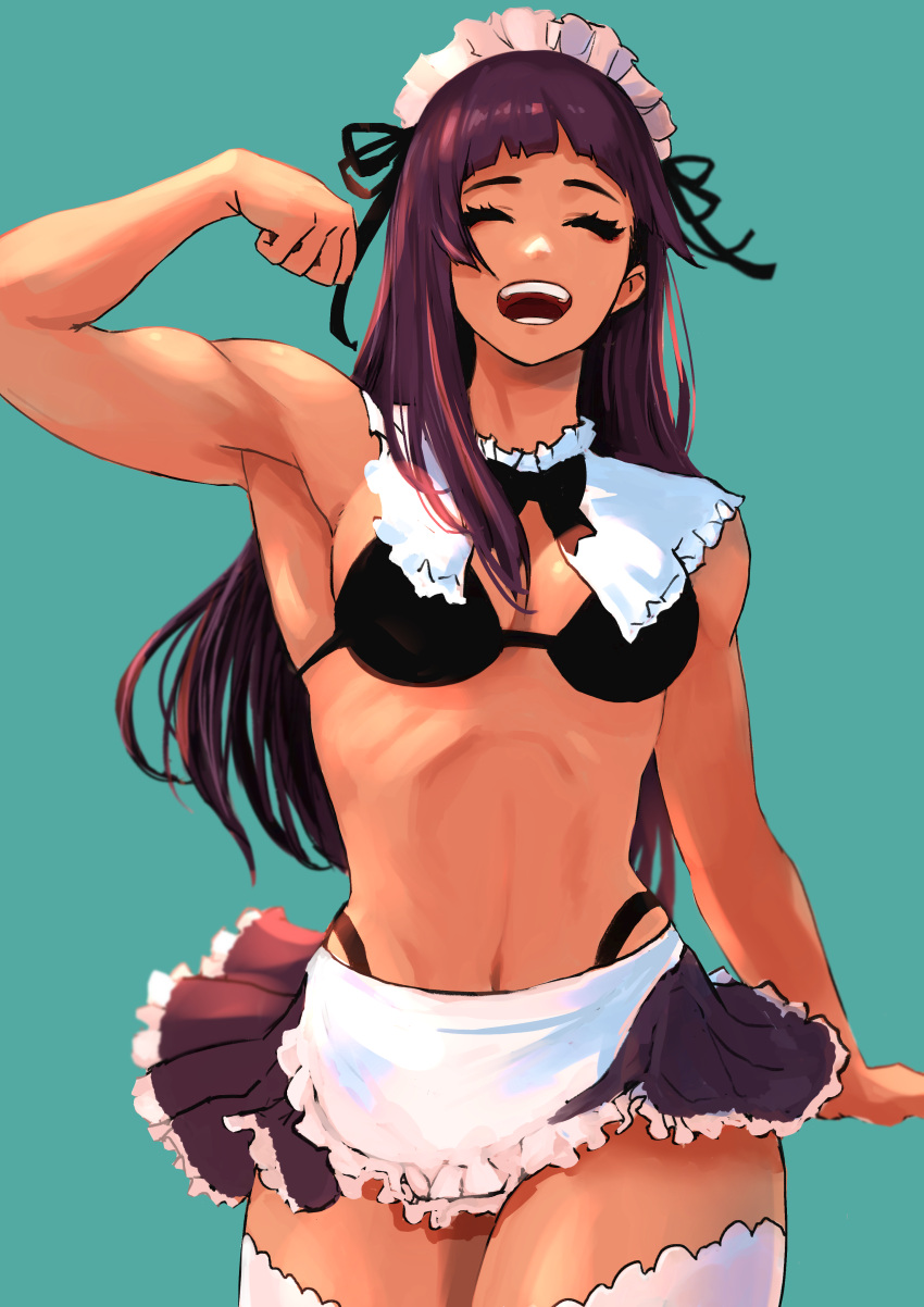 1girl 6maker absurdres bangs bikini blue_background blunt_bangs bow bowtie breasts closed_eyes cowboy_shot flexing highres long_hair maid maid_bikini maid_headdress muscular muscular_female navel open_mouth original pose simple_background skirt small_breasts solo swimsuit teeth thigh-highs