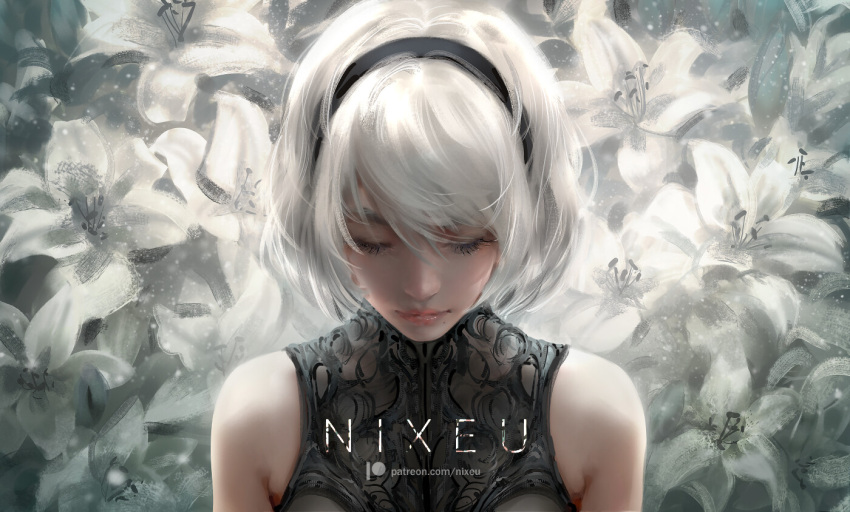 1girl alternate_costume artist_name bangs bare_shoulders black_hairband closed_eyes commentary english_commentary facing_viewer floral_background flower hairband lily_(flower) medium_hair mixed-language_commentary mole mole_under_mouth nier_(series) nier_automata nixeu no_blindfold silver_hair solo white_background white_flower yorha_no._2_type_b